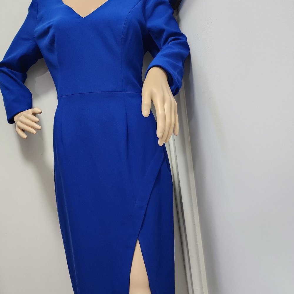 Black Halo, elegant, tailored royal blue dress.